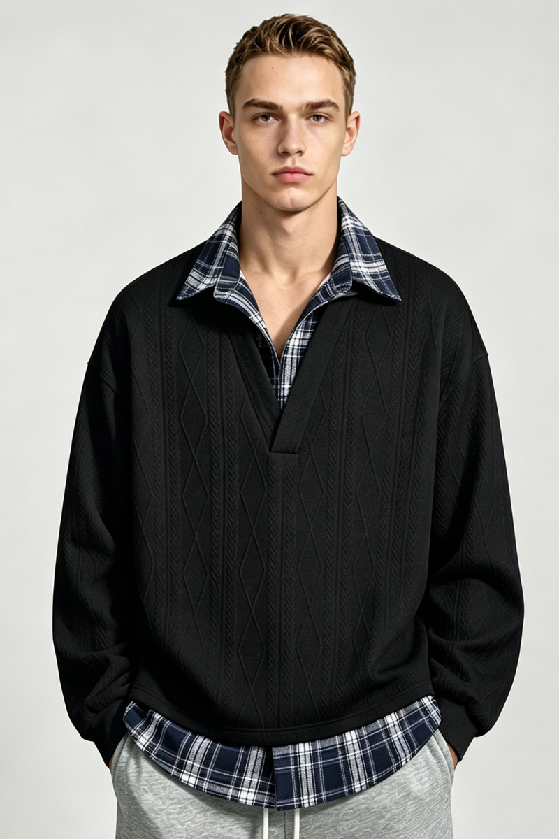 Men's Fall Clothing Plaid-Collar Layered Sweatshirt