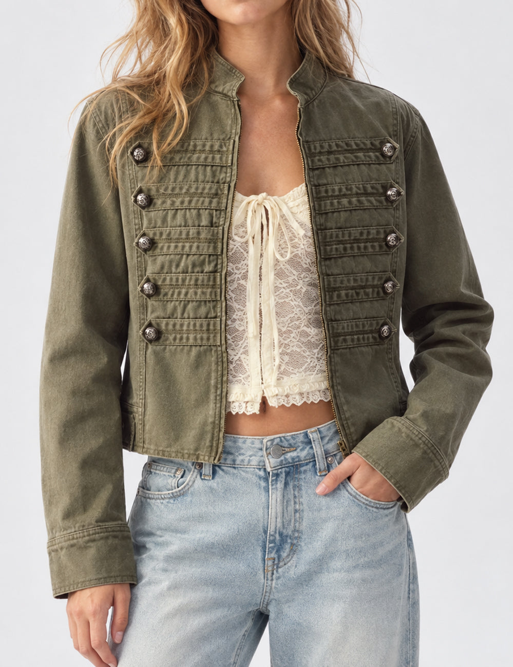 Ladies Stand Collar Braided Trim Double Breasted Cropped