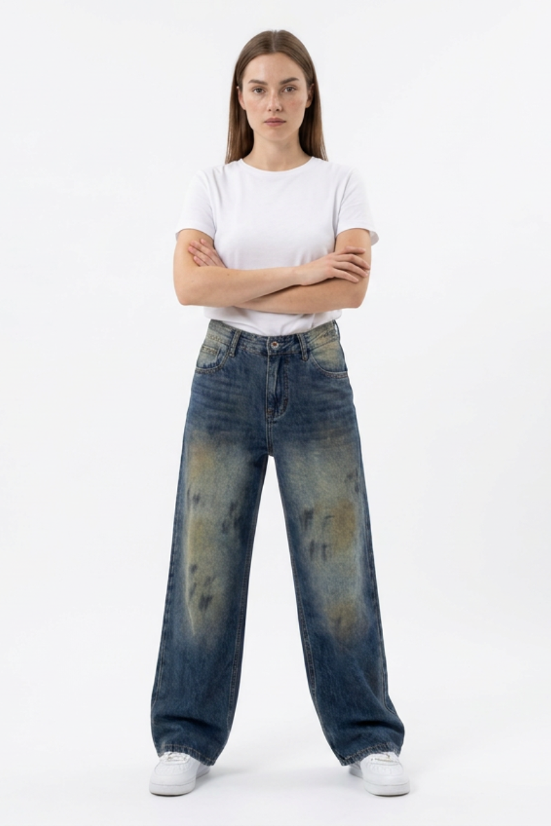 Women's Vintage Wash High Waist Straight Wide Leg Jeans