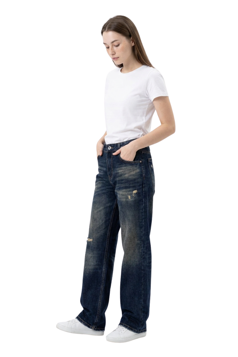 Women's Vintage Washed Distressed Straight-Leg Jeans