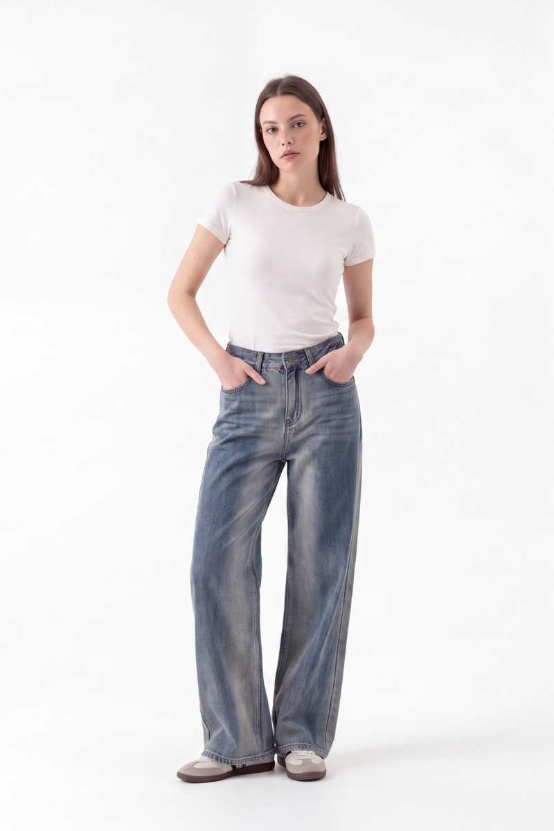 Women's High Waist Gradient Blue Wide Leg Jeans