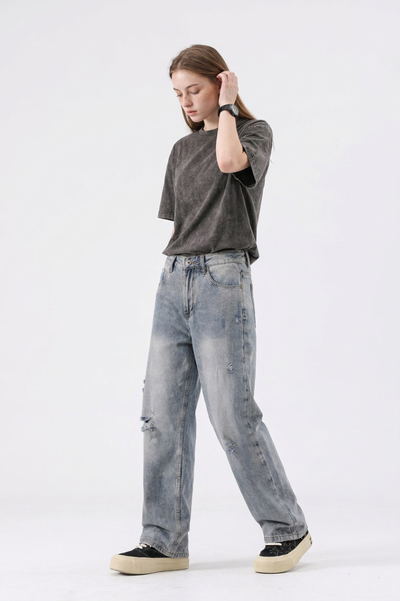 Women's High Waist Distressed Ripped Straight Jeans