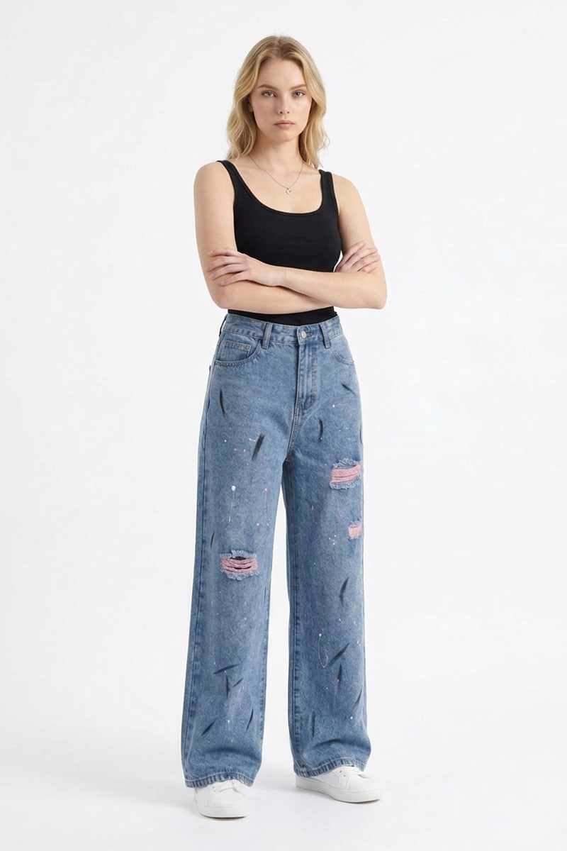 Women's High Waist Graffiti Ripped Wide Leg Jeans