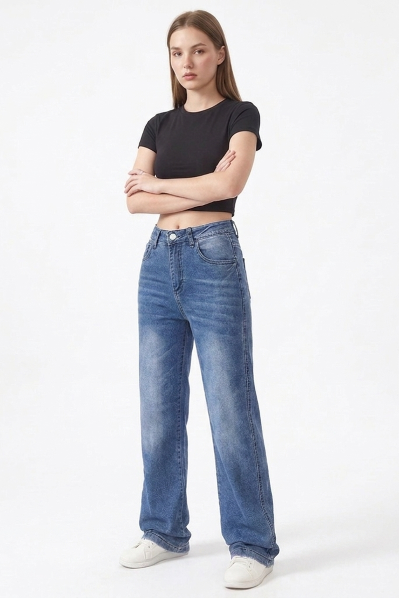 Women's Classic Blue Washed High Waist Straight Leg Jeans