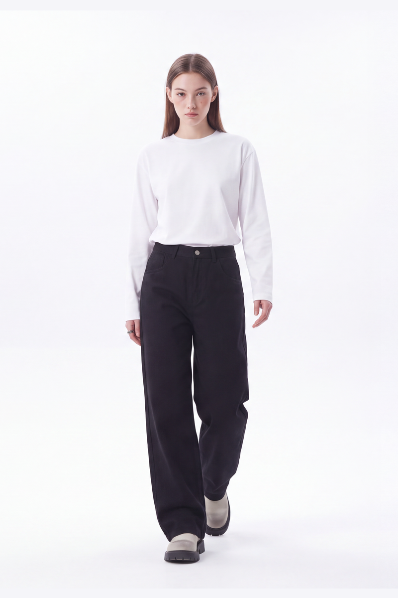 Women's High Waist Pure Black Wide Leg Jeans