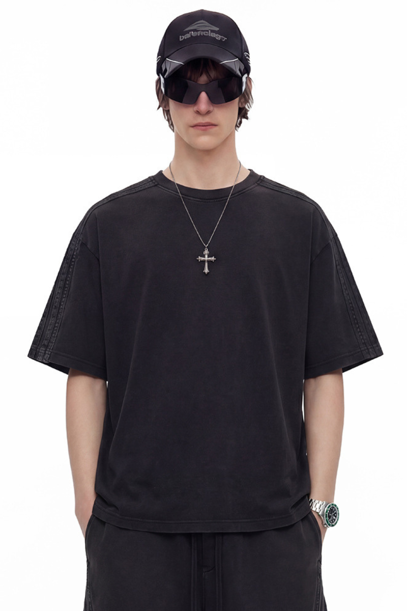 Men's 275g Cotton Washed Raw Edge Patchwork Sports Tee