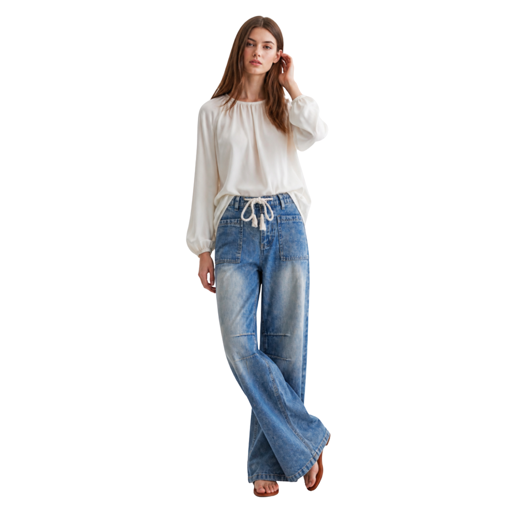 Women's High Waist Drawstring Wide Leg Jeans
