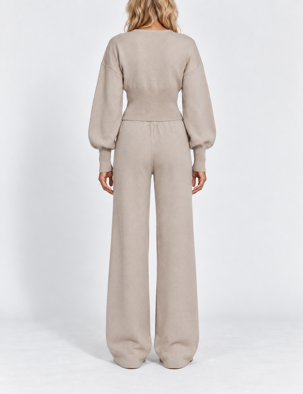 Ladies Zip-Up Solid Color Knit Top & Pants 2PCS Set