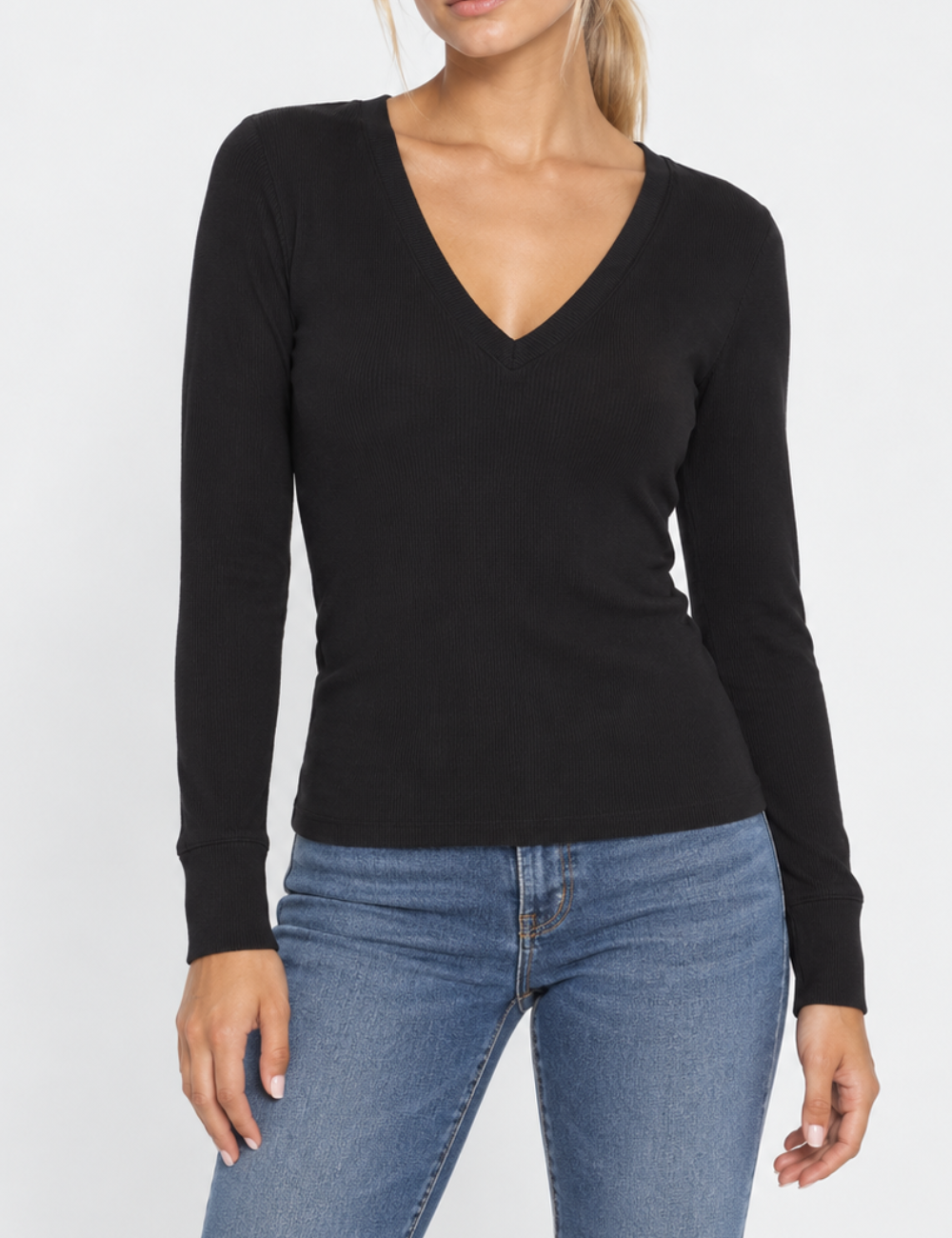 Ladies V-Neck Ribbed Knit Long Sleeves Top