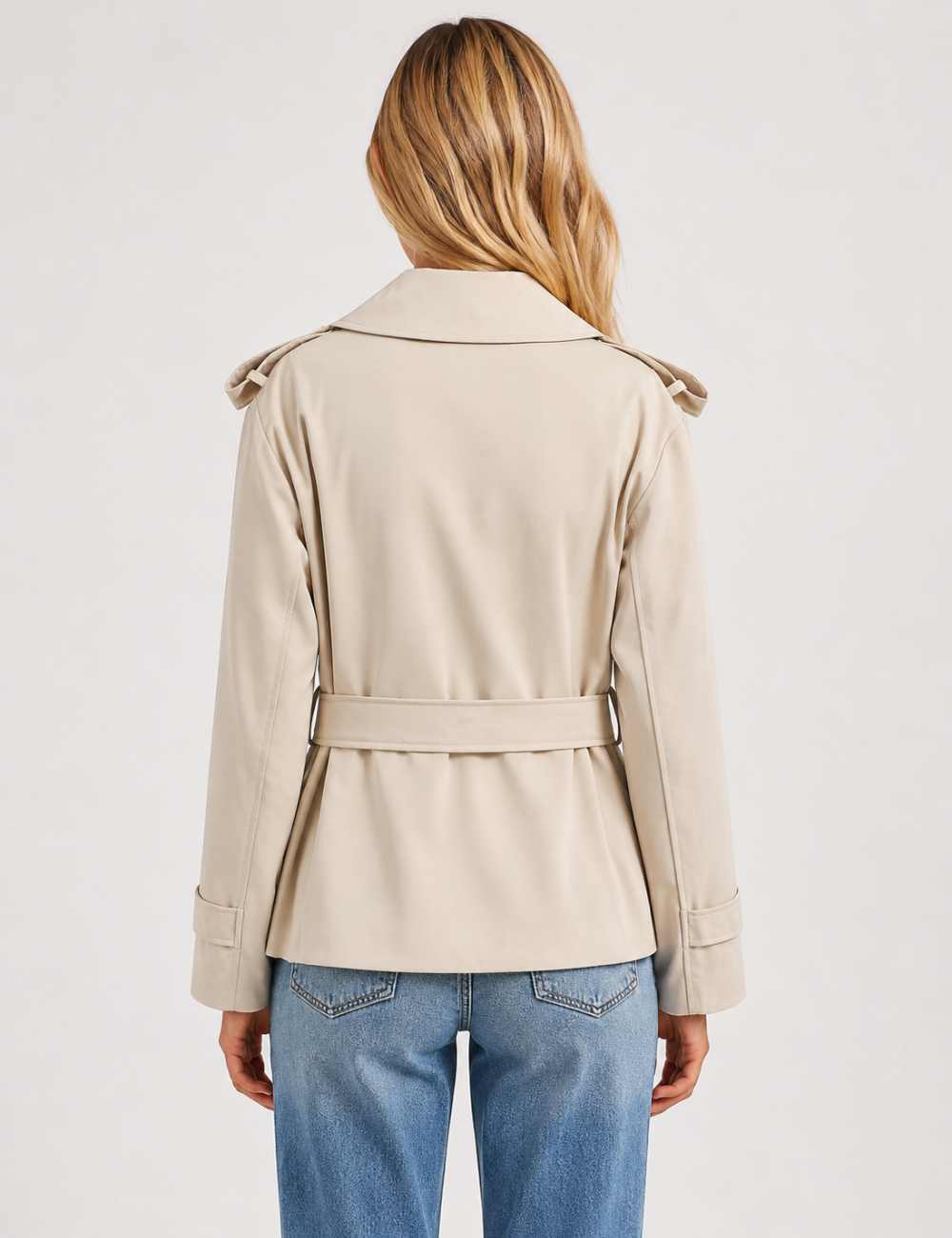 Ladies Lapel Collar Belted Short Trench Coat