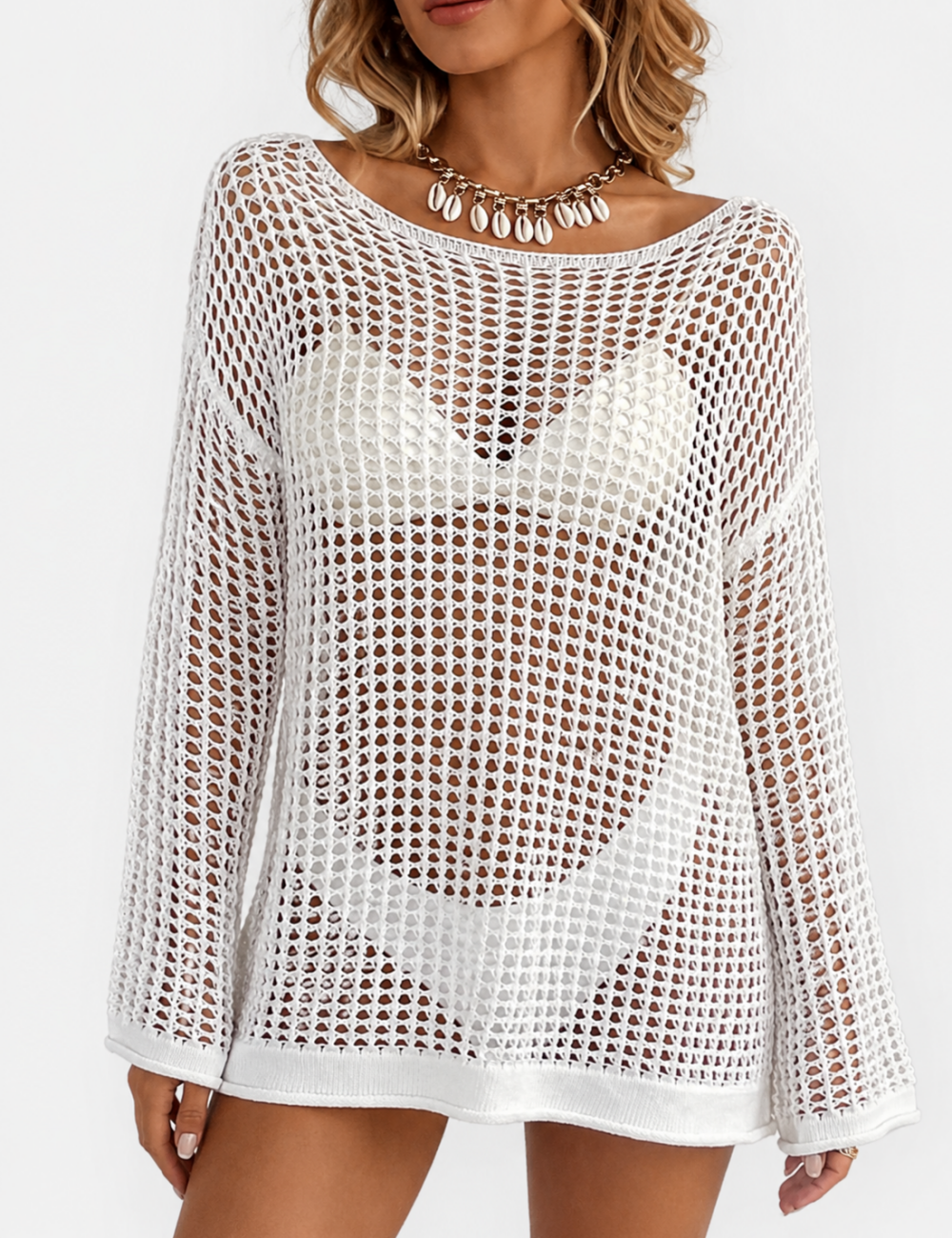 Ladies Long Sleeve Hollow Mesh Knit Beach Cover Up
