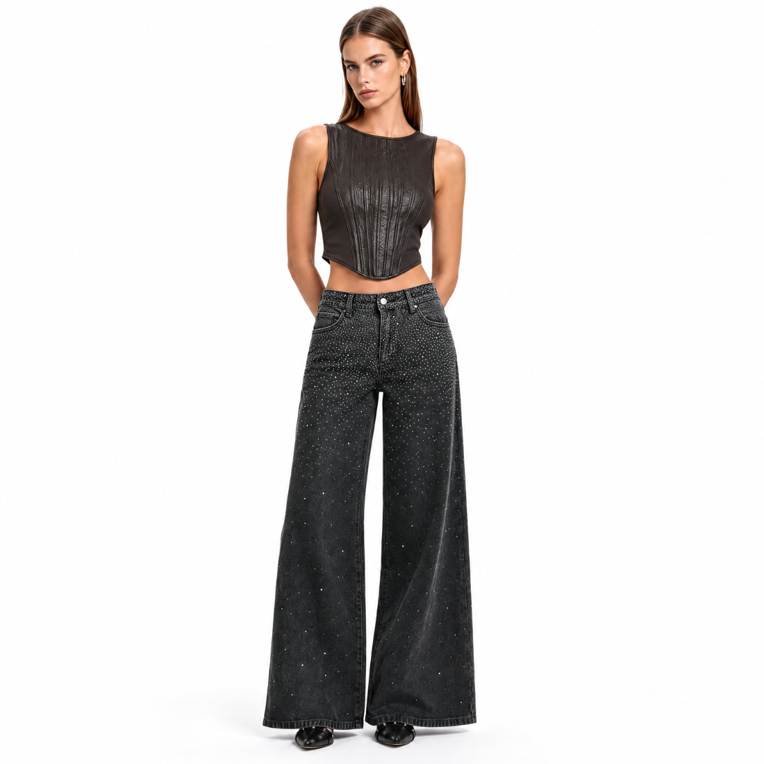 Women's Vintage Washed High Waist Rhinestone Wide Leg Jeans