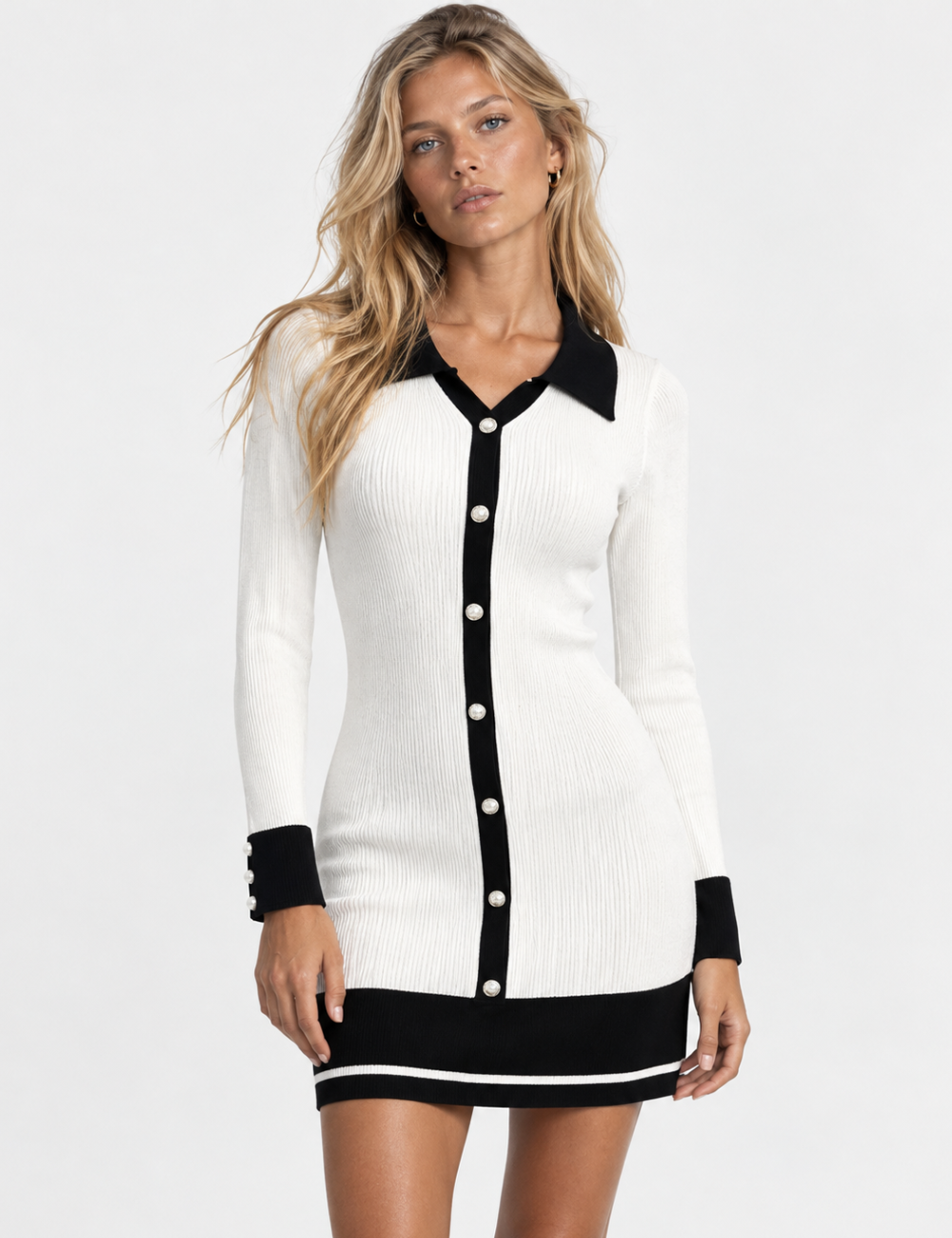 Ladies Elegant V-Neck Button Front Knit Mini Dress