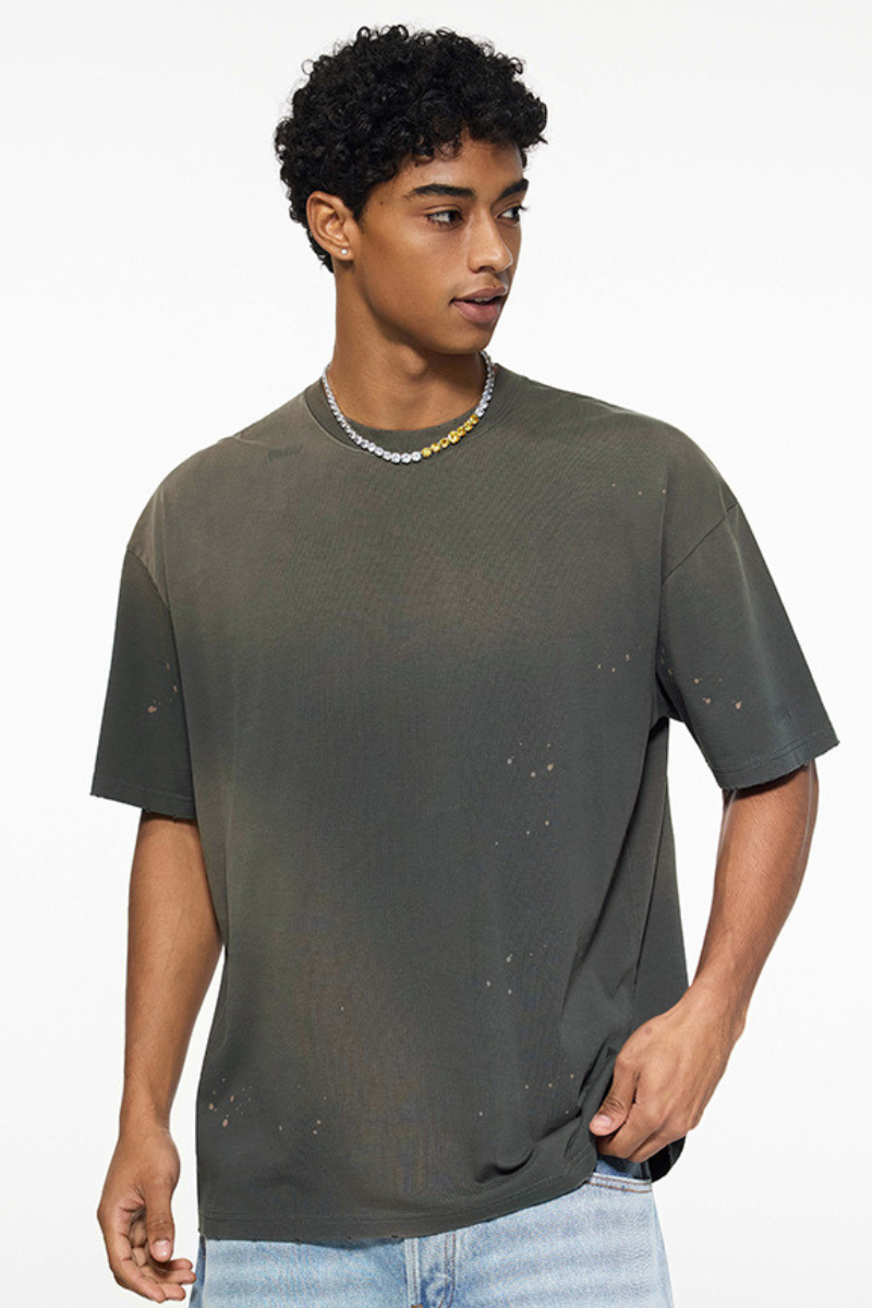 Men's 250g Cotton Distressed Loose Spray Wash Tee