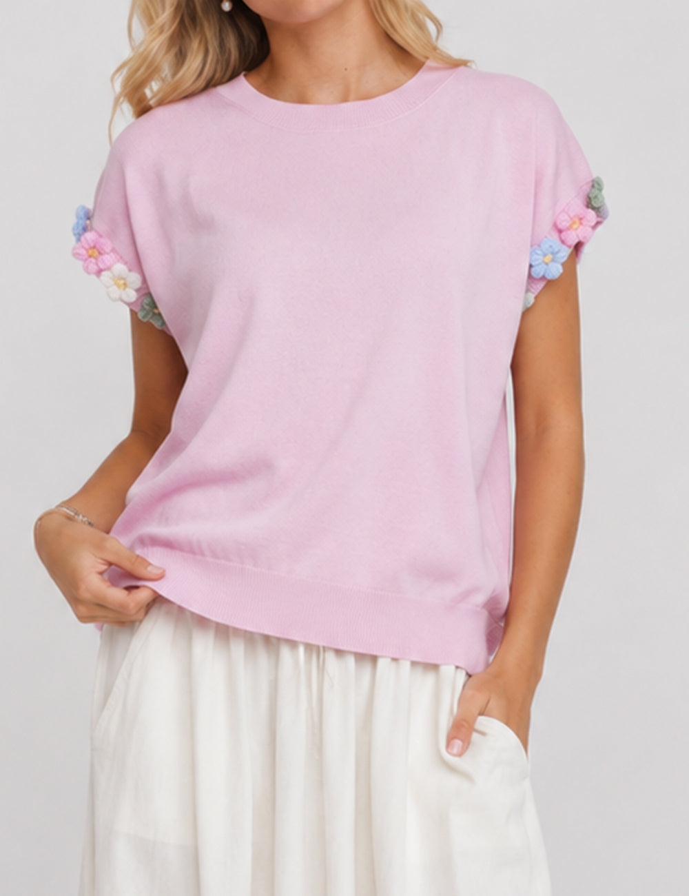 Ladies 3D Flower Pullover Short Sleeves Knit Top