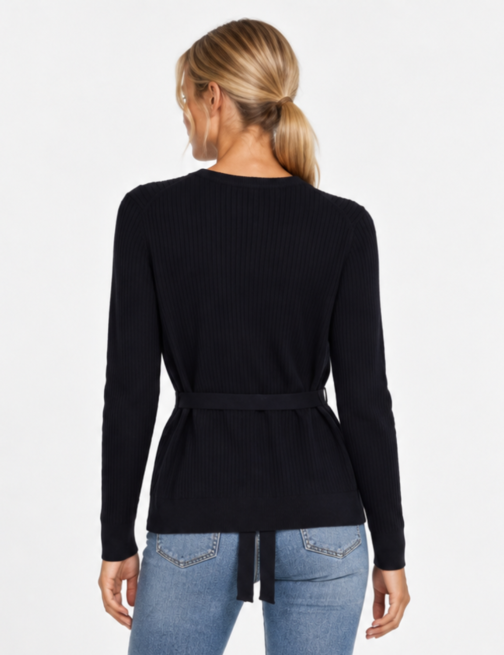 Ladies Crew Neck Ribbed Knit Belted Cardigan