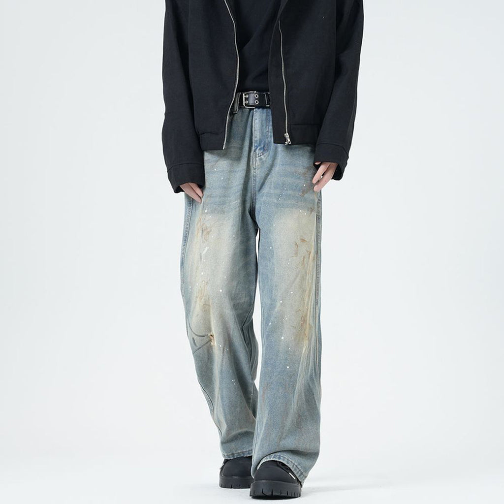 Men's Spring Washed Splatter Paint Straight Leg Jeans