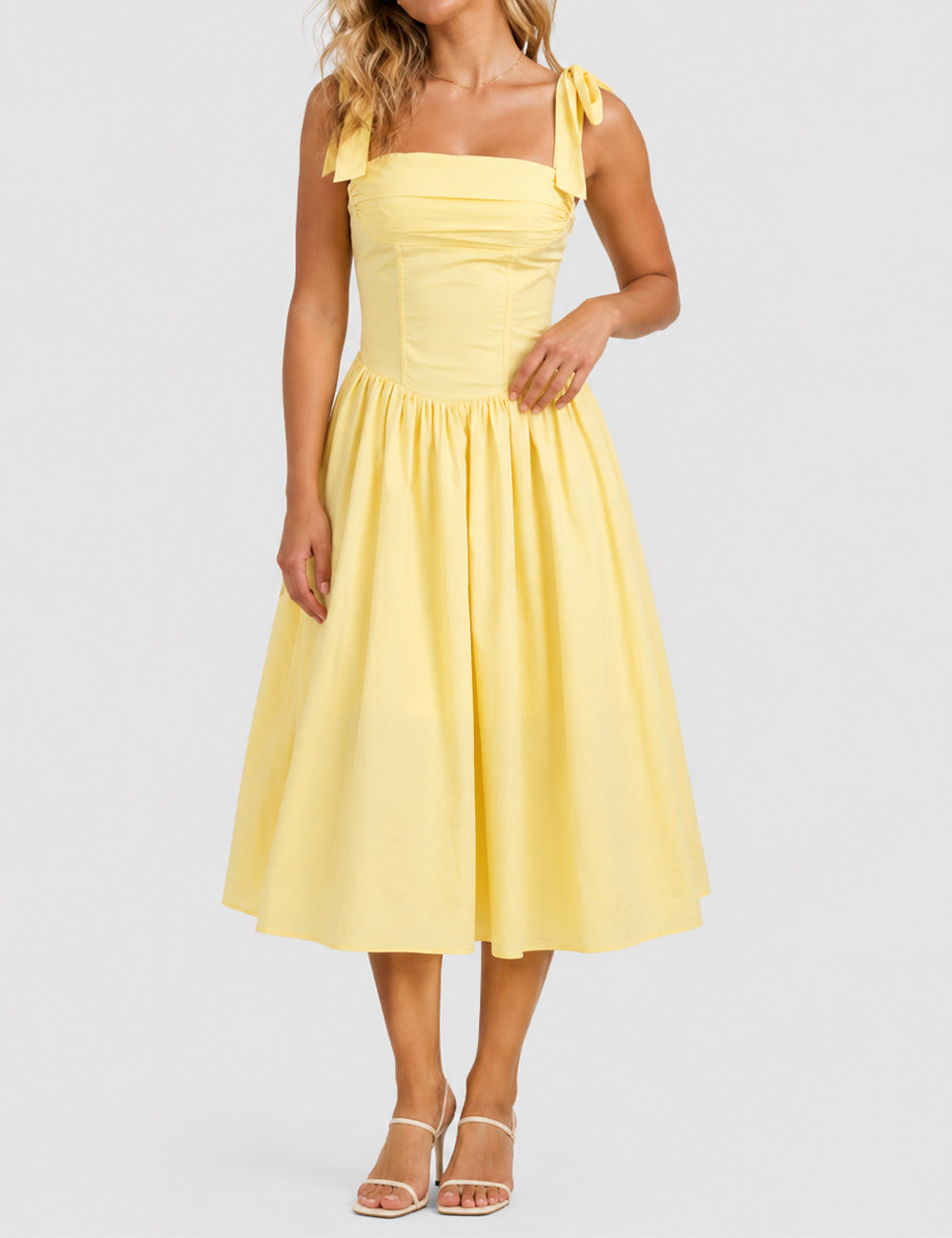 Ladies Elegant Square Neck Tie Strap Shoulder Midi Dress