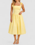 Ladies Elegant Square Neck Tie Strap Shoulder Midi Dress