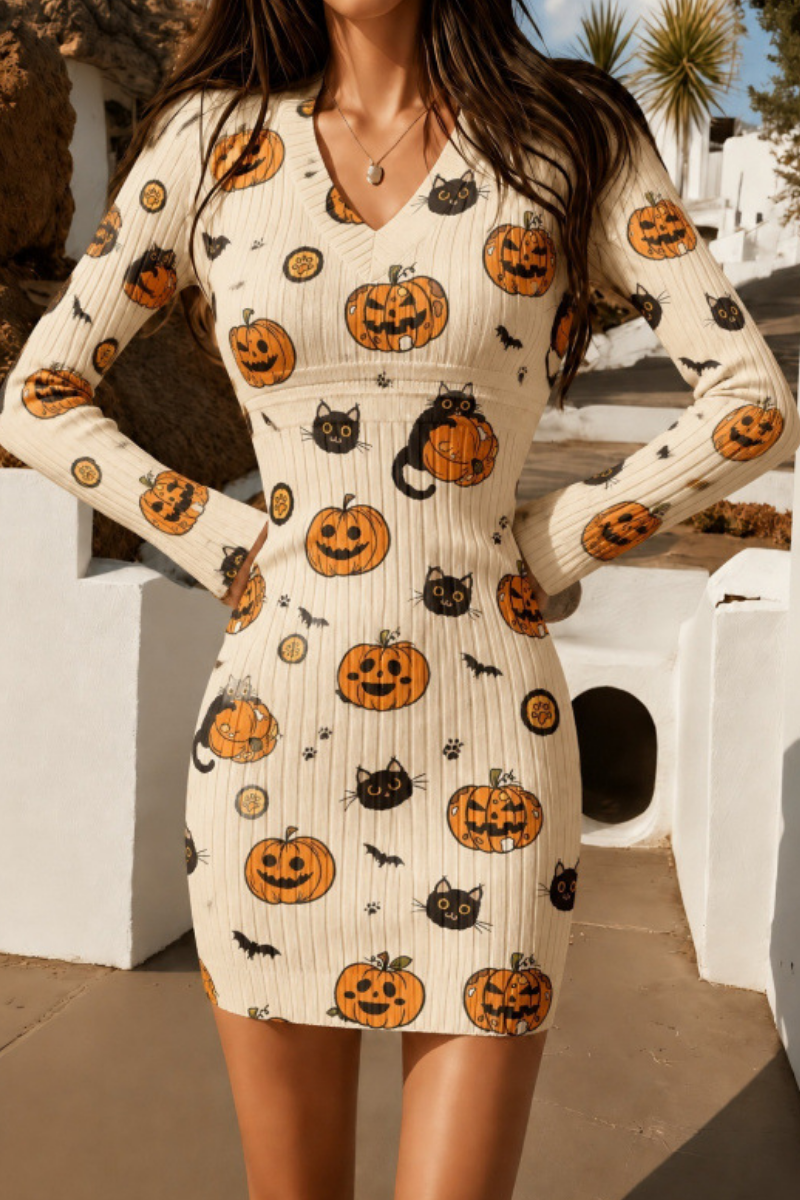 Women Fall Clothing Halloween Pumpkin Ribbed Bodycon Dress