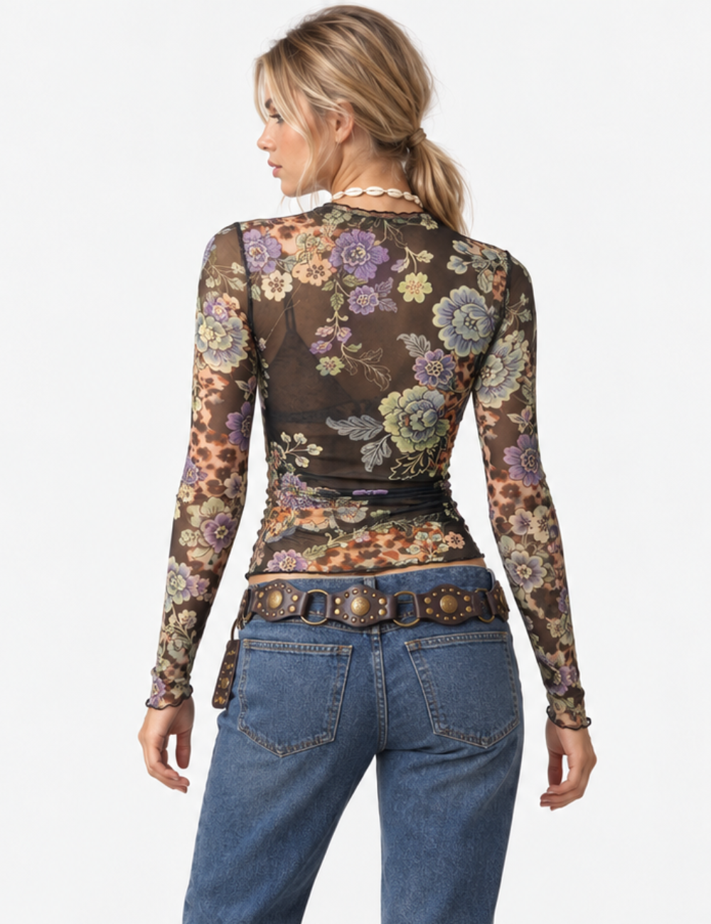 Ladies Floral Leopard Mesh Lettuce Edge Mock Neck Top