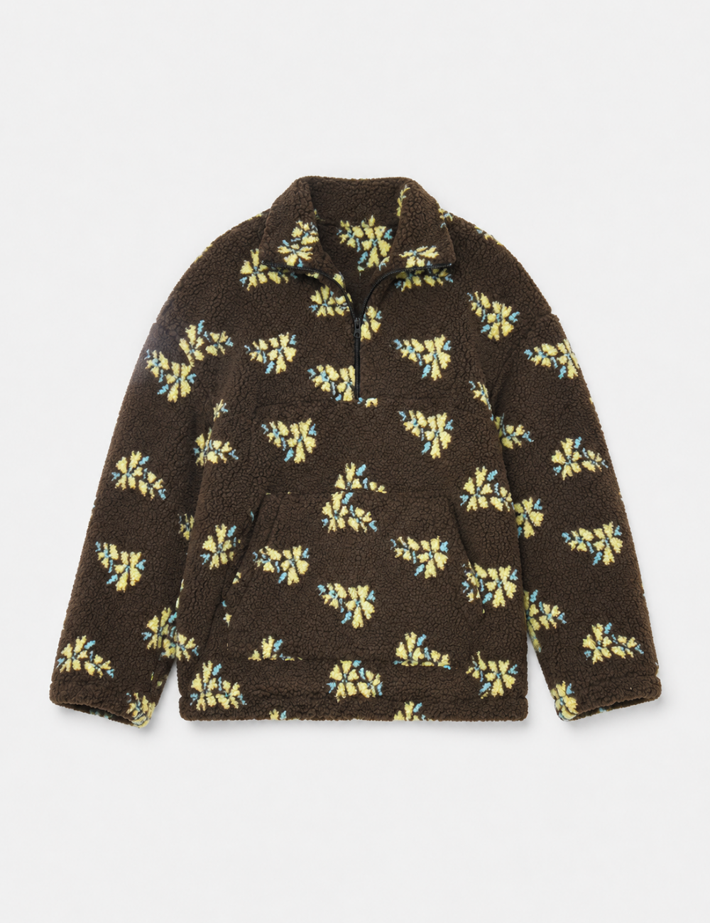 Ladies Casual Floral Pattern Zipper Front Fleece Pullover Sweatshirt