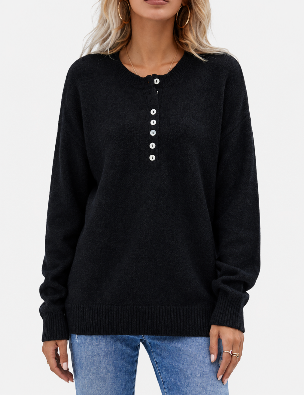 Ladies Button Round Neck Long Sleeve Sweater
