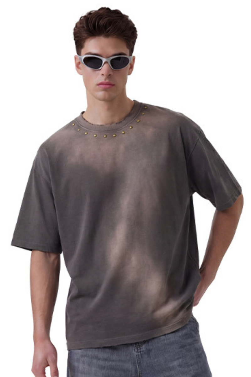 Men's Summer 260g Retro Washed Rivet Distressed Fade Tee