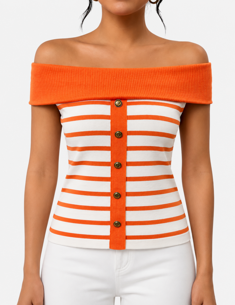 Ladies Off Shoulder Striped Button Detail Knit Top