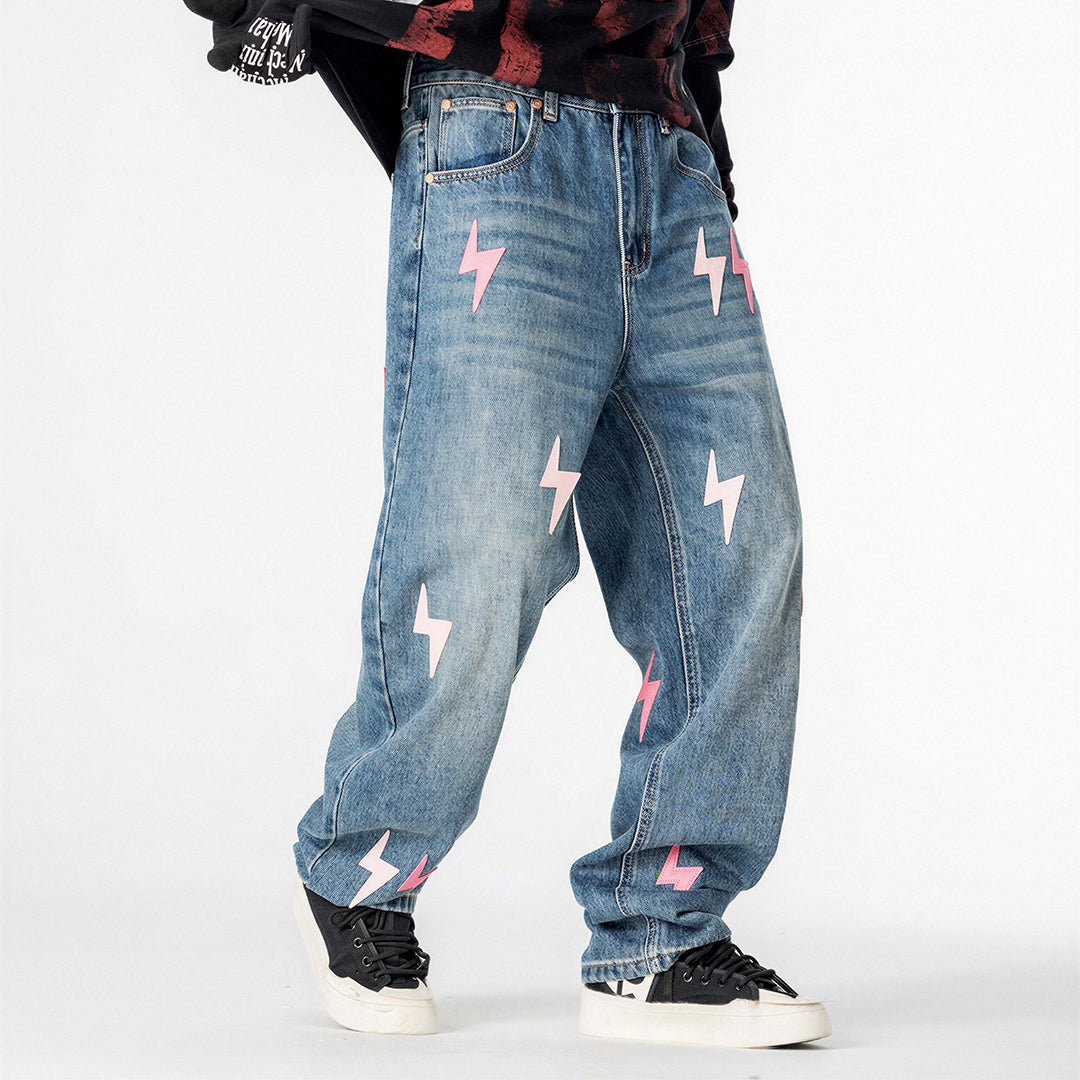 Men's Spring Washed Blue Pink Lightning Wide Leg Jeans