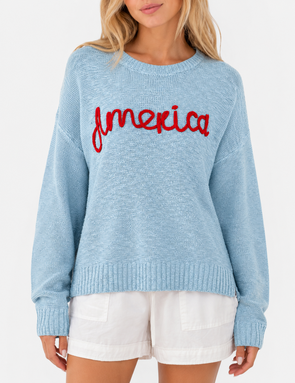 Ladies America Embroideries Low Round Neck Sweater