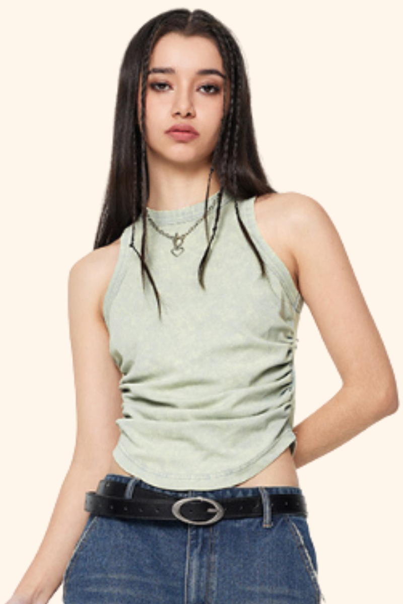 Women's Spring Summer 235g Washed Crewneck Ruched Tank