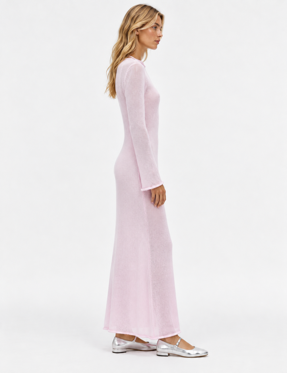 Ladies See Through Round Neck Long Sleeves Maxi Dress