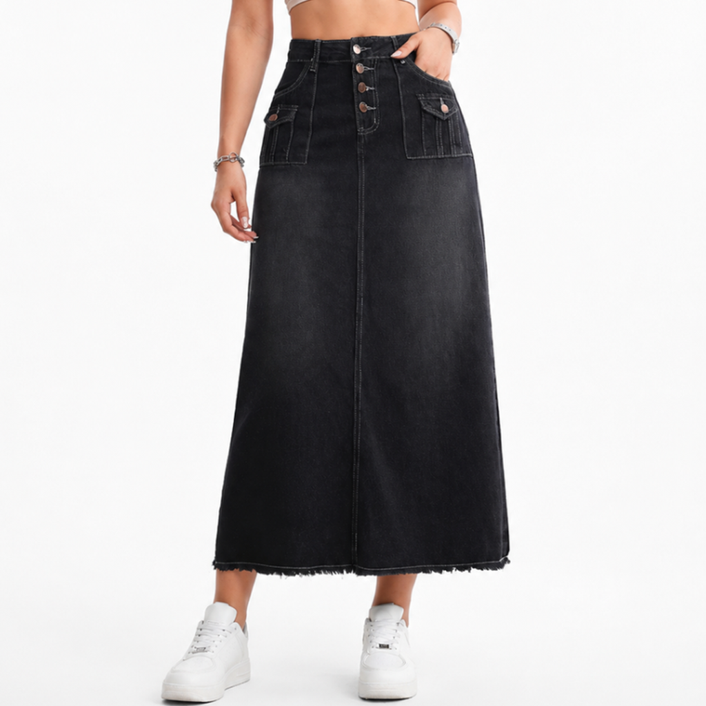 Women's High Waist Button Fly Denim Maxi Skirt