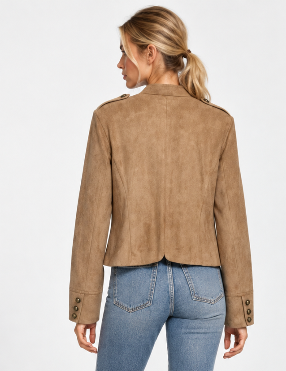 Ladies Faux Suede Stand Collar Frog Button Jacket