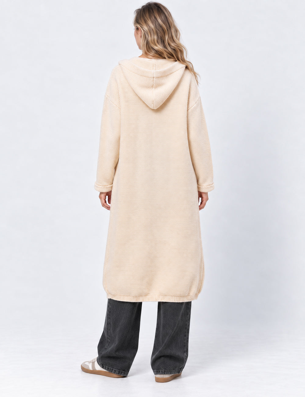Ladies Button Hooded Solid Color Sweater Coat Cardigan