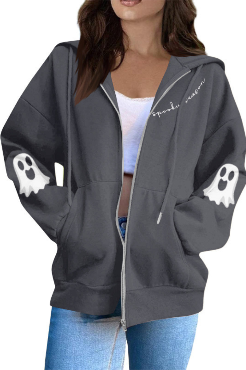 Women Fall Clothing Halloween Ghost Graphic Zip Up Hoodie