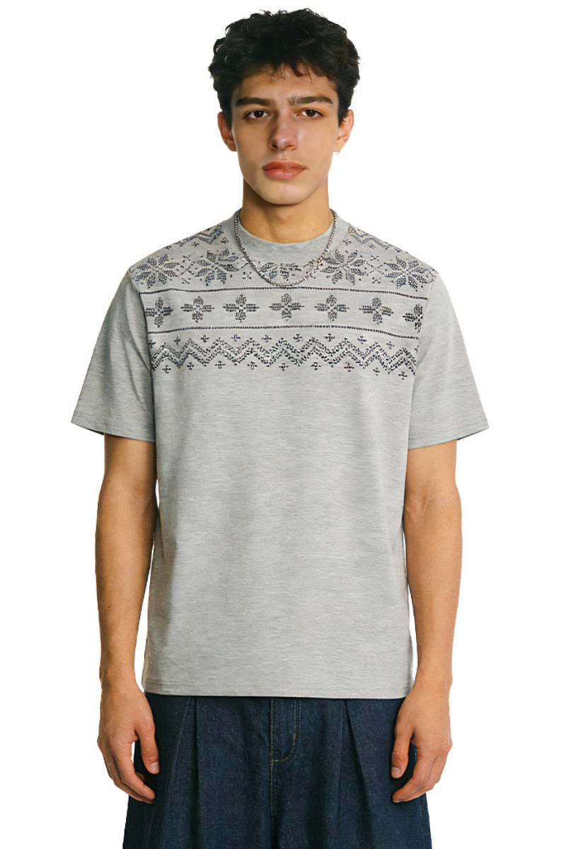 Men's Summer 320g Mock Neck Fair Isle Jacquard Vintage Tee