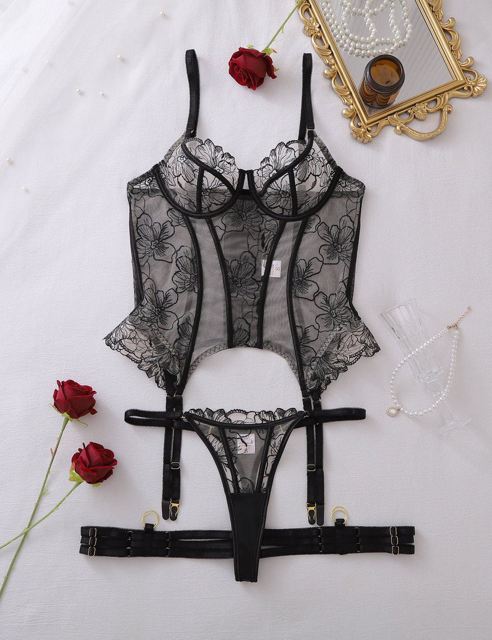 Ladies Floral Embroidery Bodysuit Garter Lingerie Set