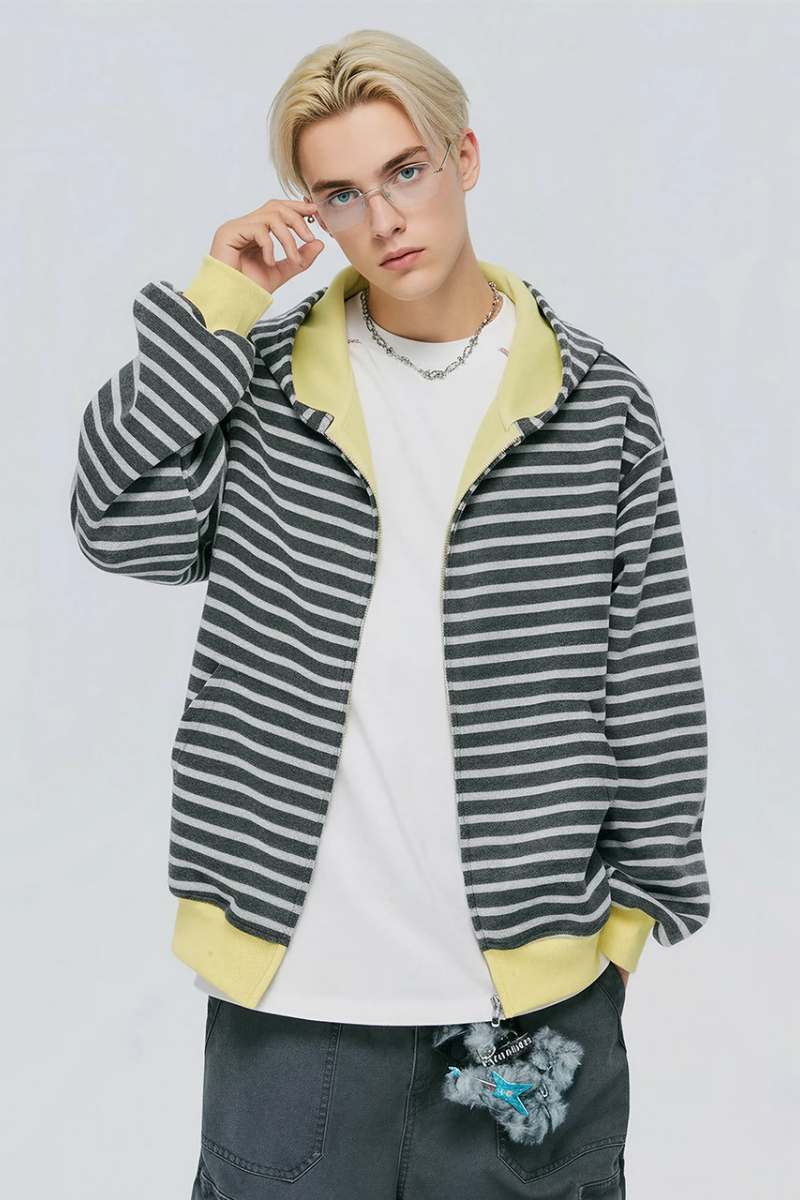 Unisex Spring American Stripe Colorblock Zip Hoodie