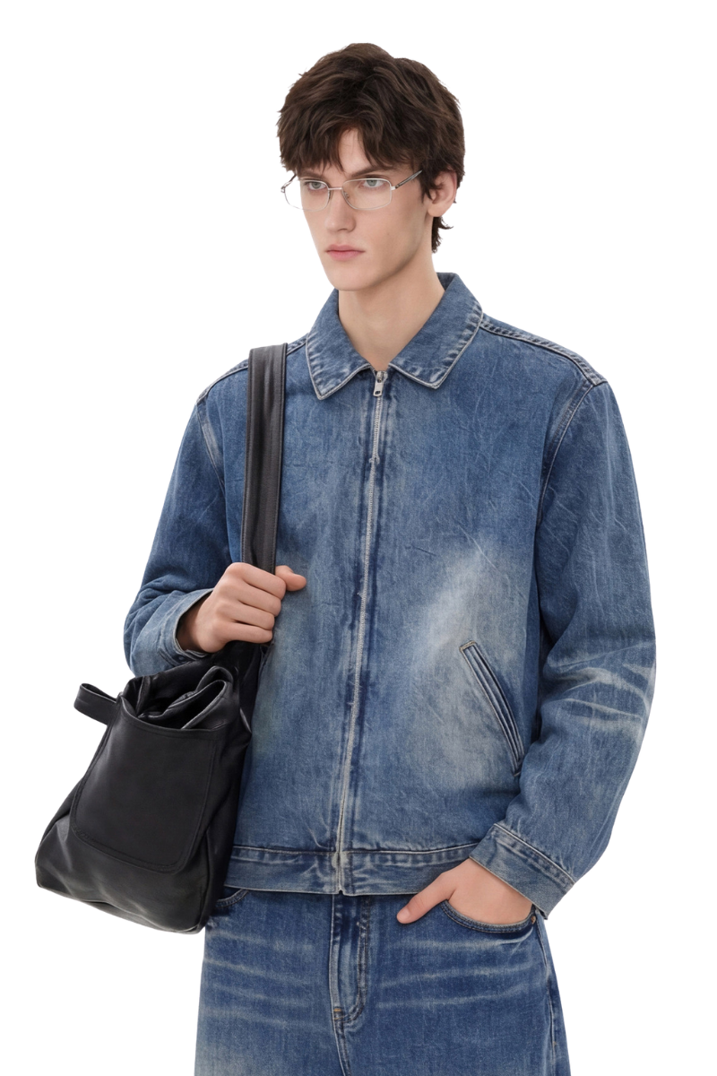 Men's Fall Clothing 543g Washed Denim Collar Zip Jacket