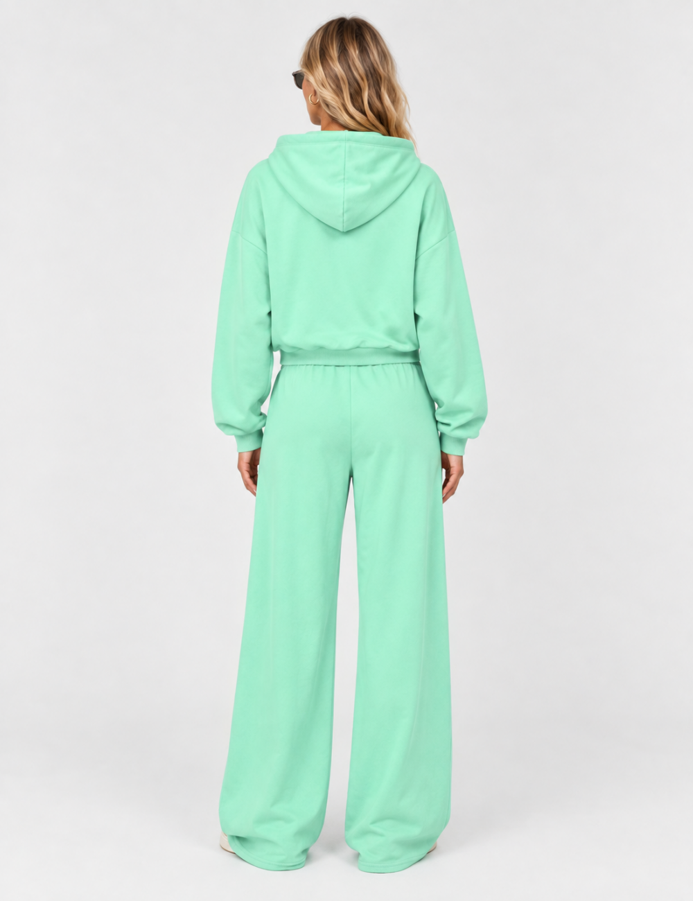 Ladies Drawstring Hooded Crop Sweatshirt Wide Leg Pants 2PCS Set