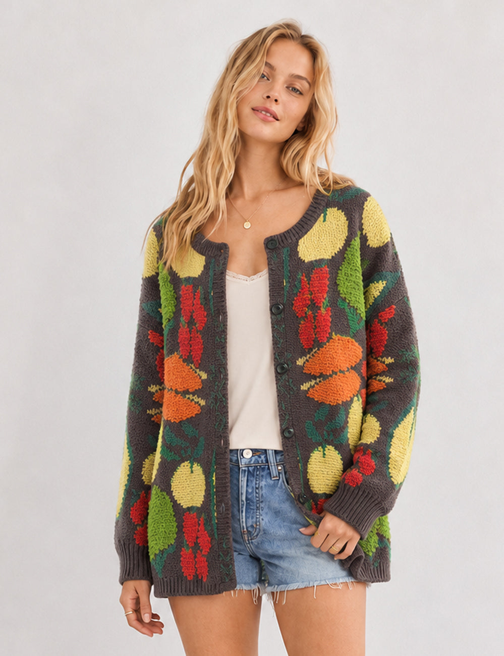 Ladies Veggie Garden Jacquard Round Neck Button Cardigan
