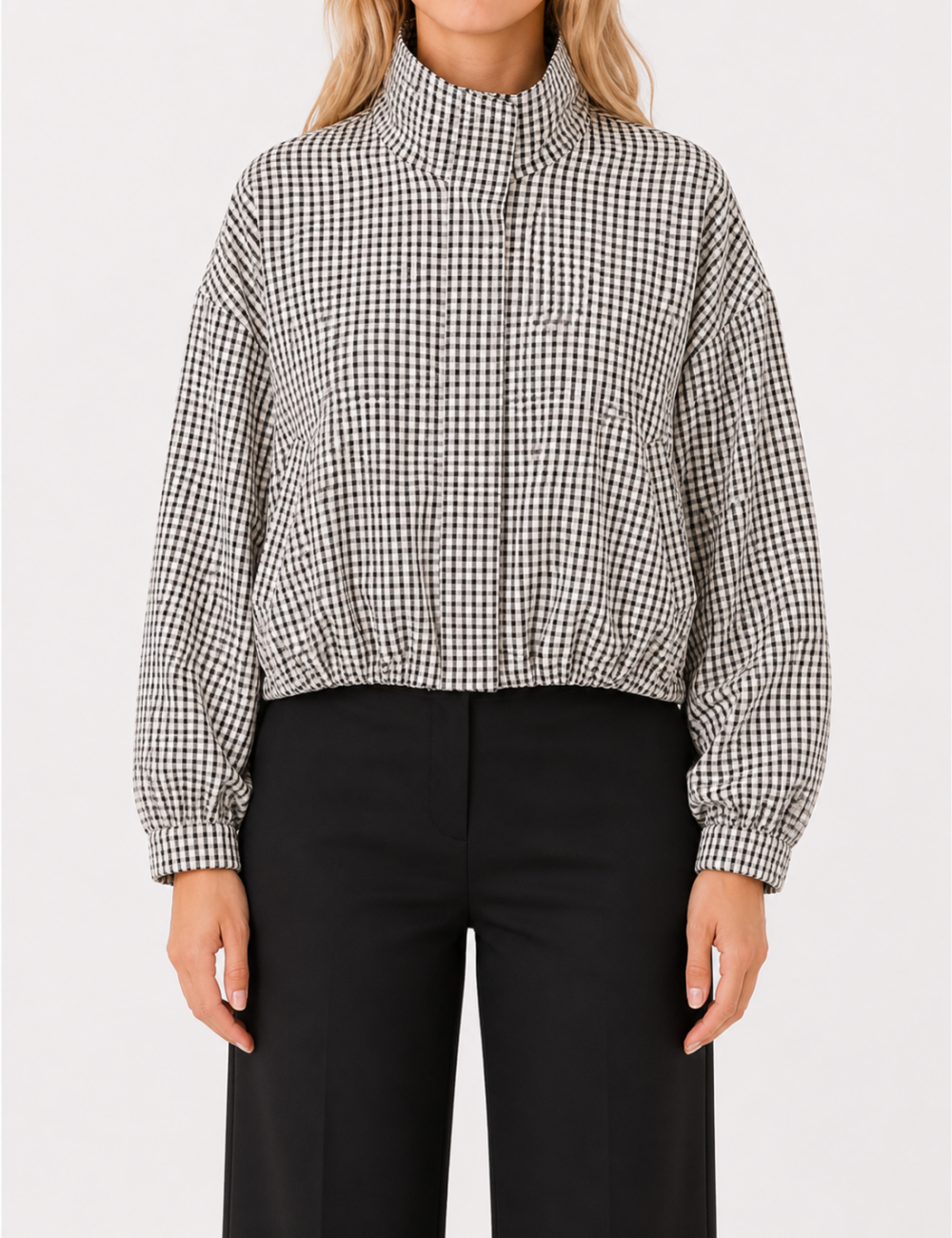 Ladies Casual Plaid Stand Collar Crop Jacket