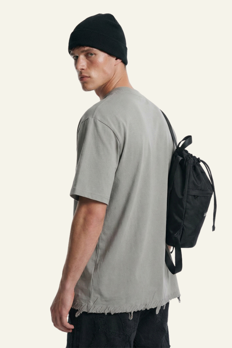 Men's Streetwear  Embroidered Raw-Edge Drop-Shoulder T-Shirt
