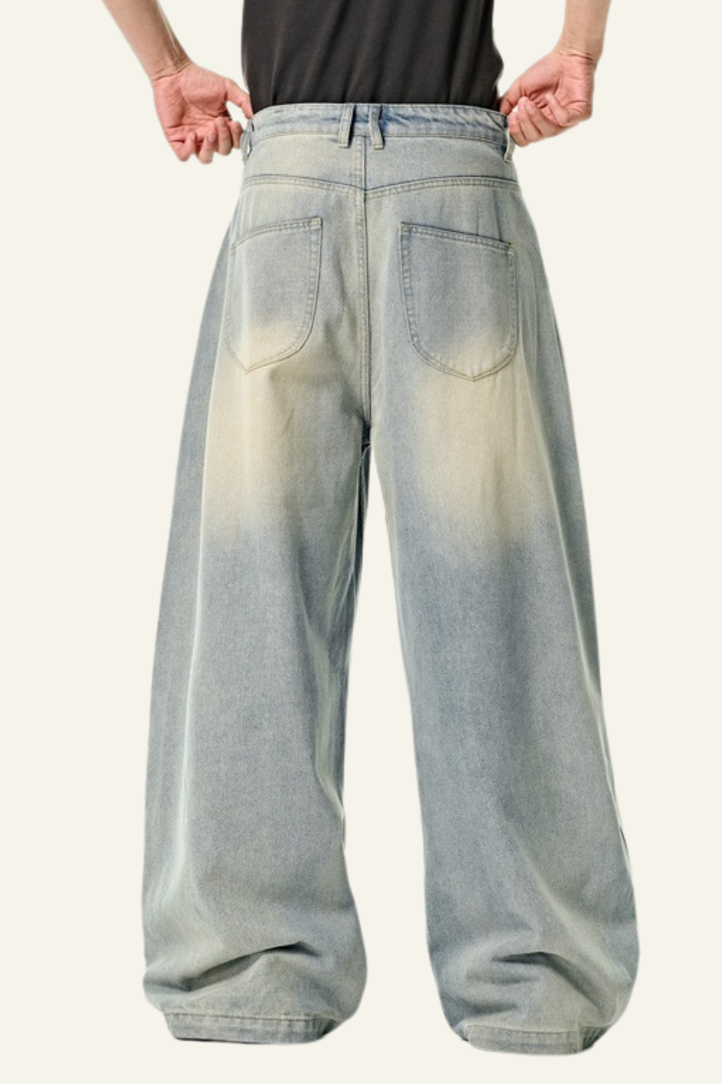 Men's Streetwear Washed Vintage Pleated  Wide Leg Jeans