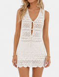 Ladies Hollow Out Sleeveless Tie Front Knit Top & Skirt Set