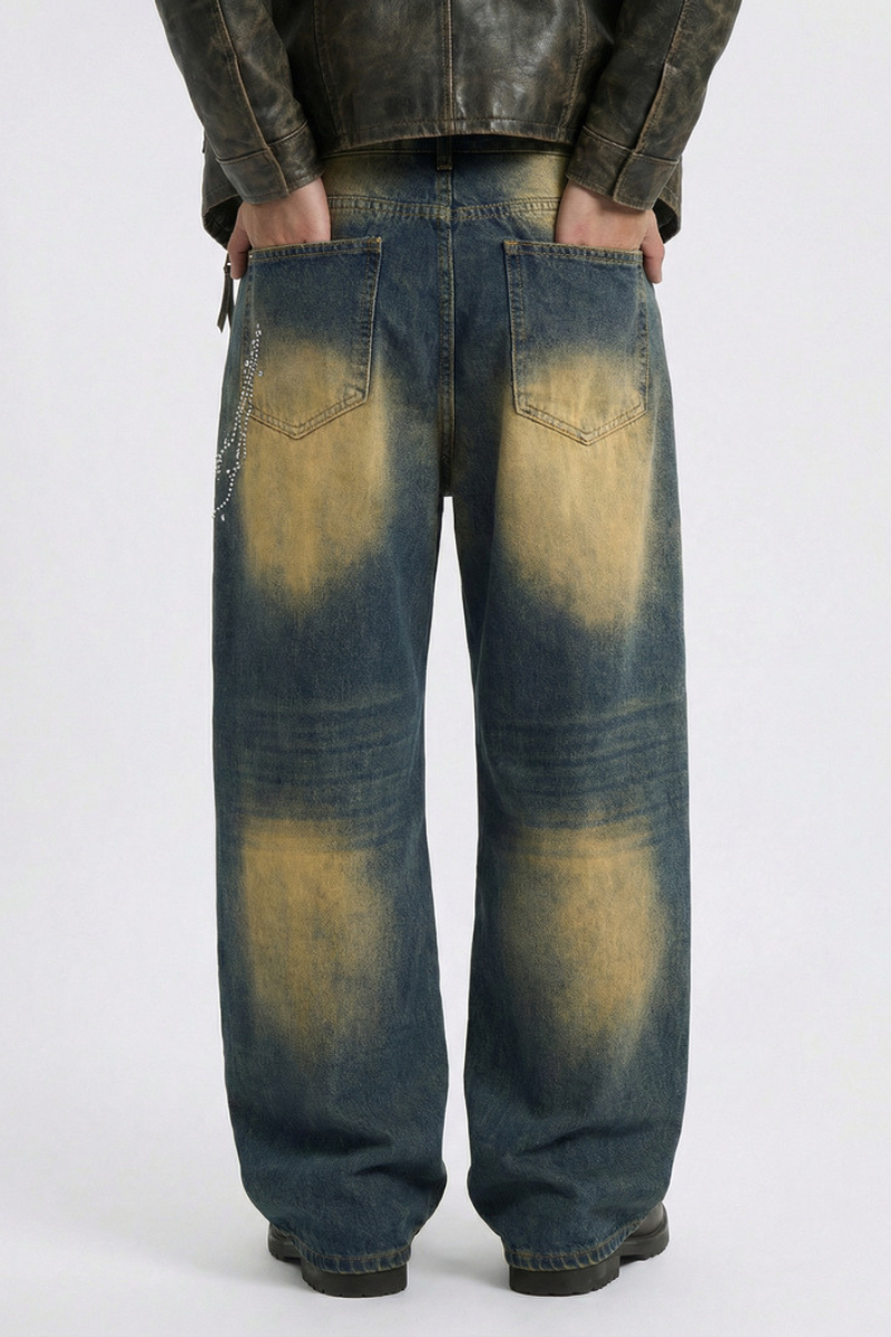 Men's Chain Rhinestone Washed Blue Yellow Fade Wide Jeans