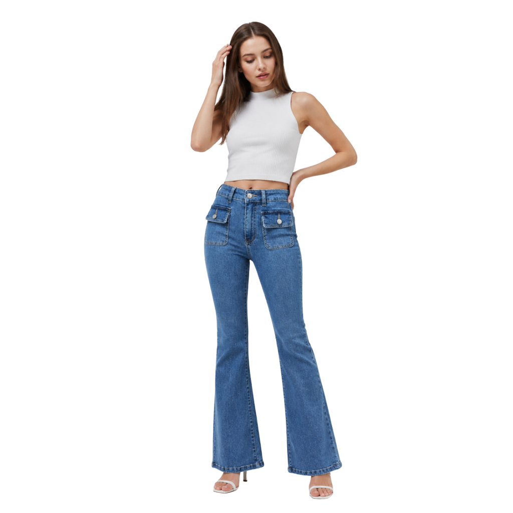 Women's High Waist Flare Jeans with Button Front Pockets