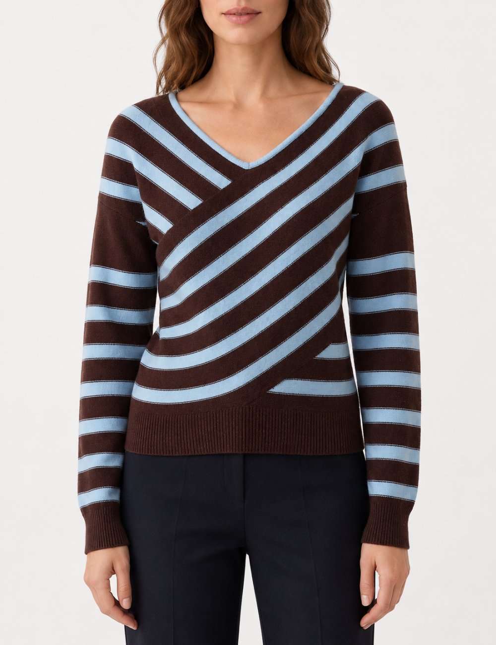 Ladies V Neck Striped Off Shoulder Long Sleeve Sweater